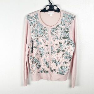 CHARTER CLUB Pink Embroidered Long Sleeves Button Cardigan, Size Large